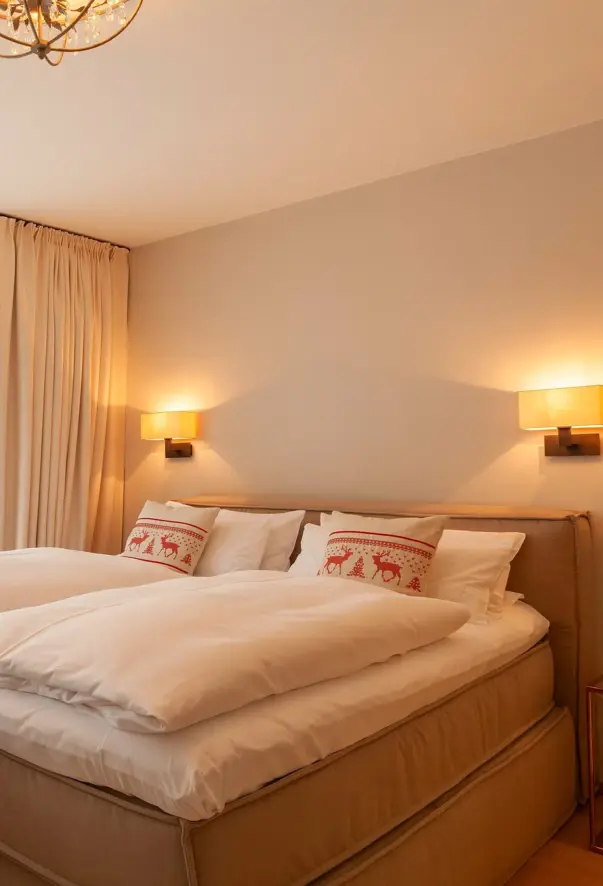 A beige upholstered bed stands against a white wall with white bed linen and two Christmas decorative cushions with reindeer on them.