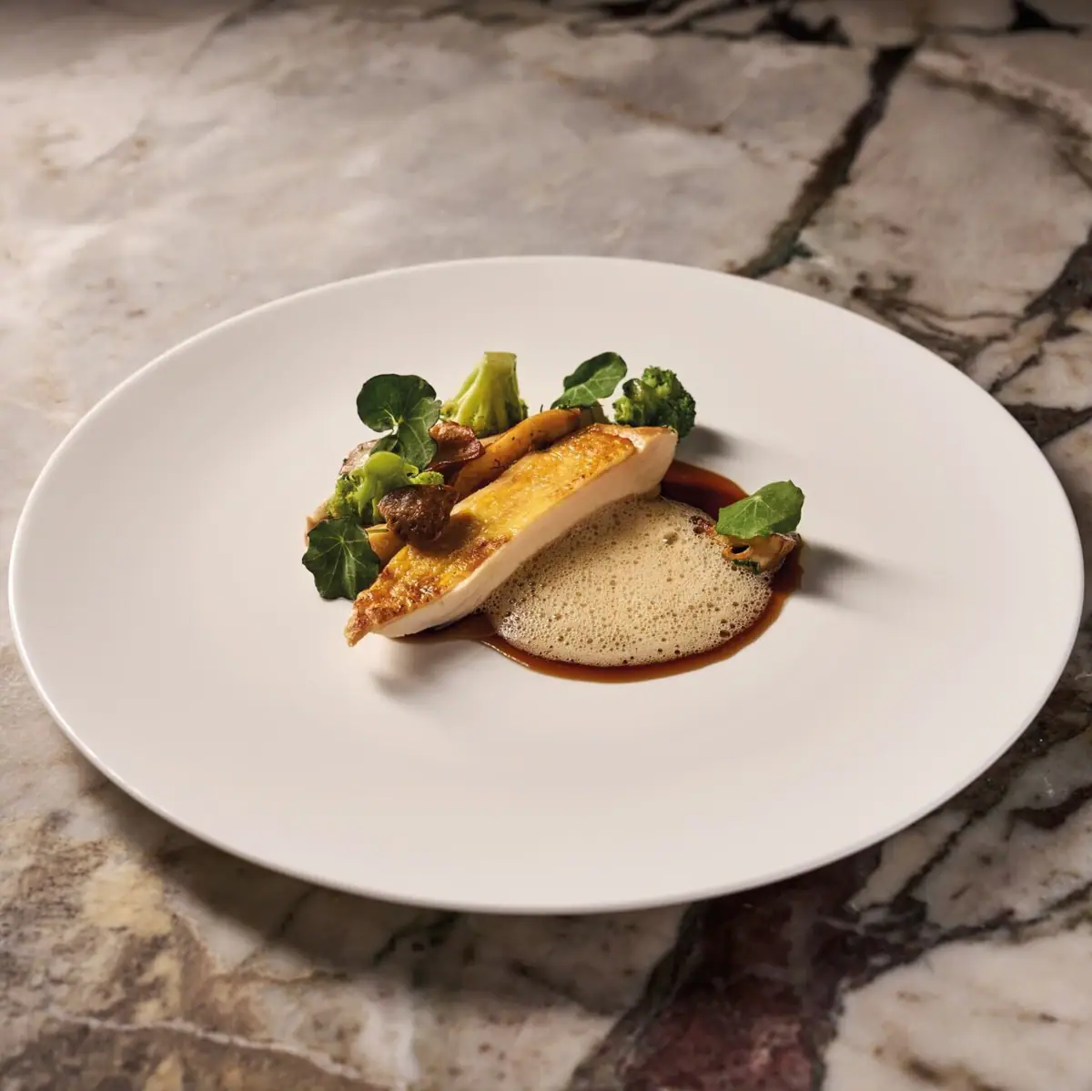 A plate of gourmet food with garnish on a marble table.