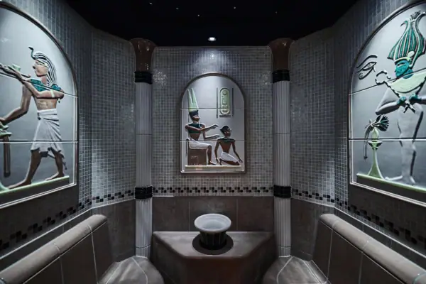Steam room with a sink and art at the walls.