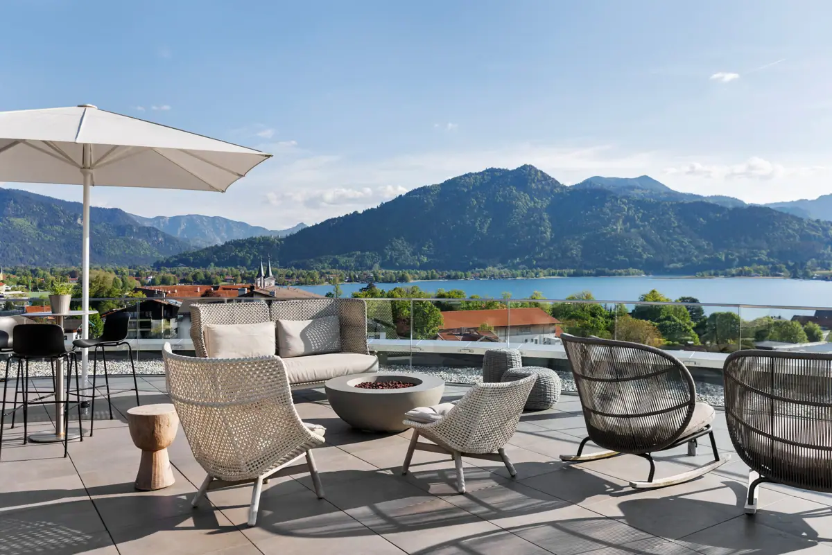 A-ROSA Tegernsee Roof Terrace The roof terrace at the A-ROSA Hotel on Lake Tegernsee.