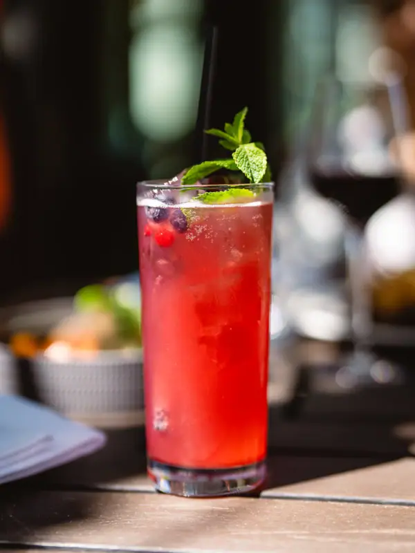 Ein Glas mit rotem Cocktail, garniert mit Minzblättern und einem Strohhalm.