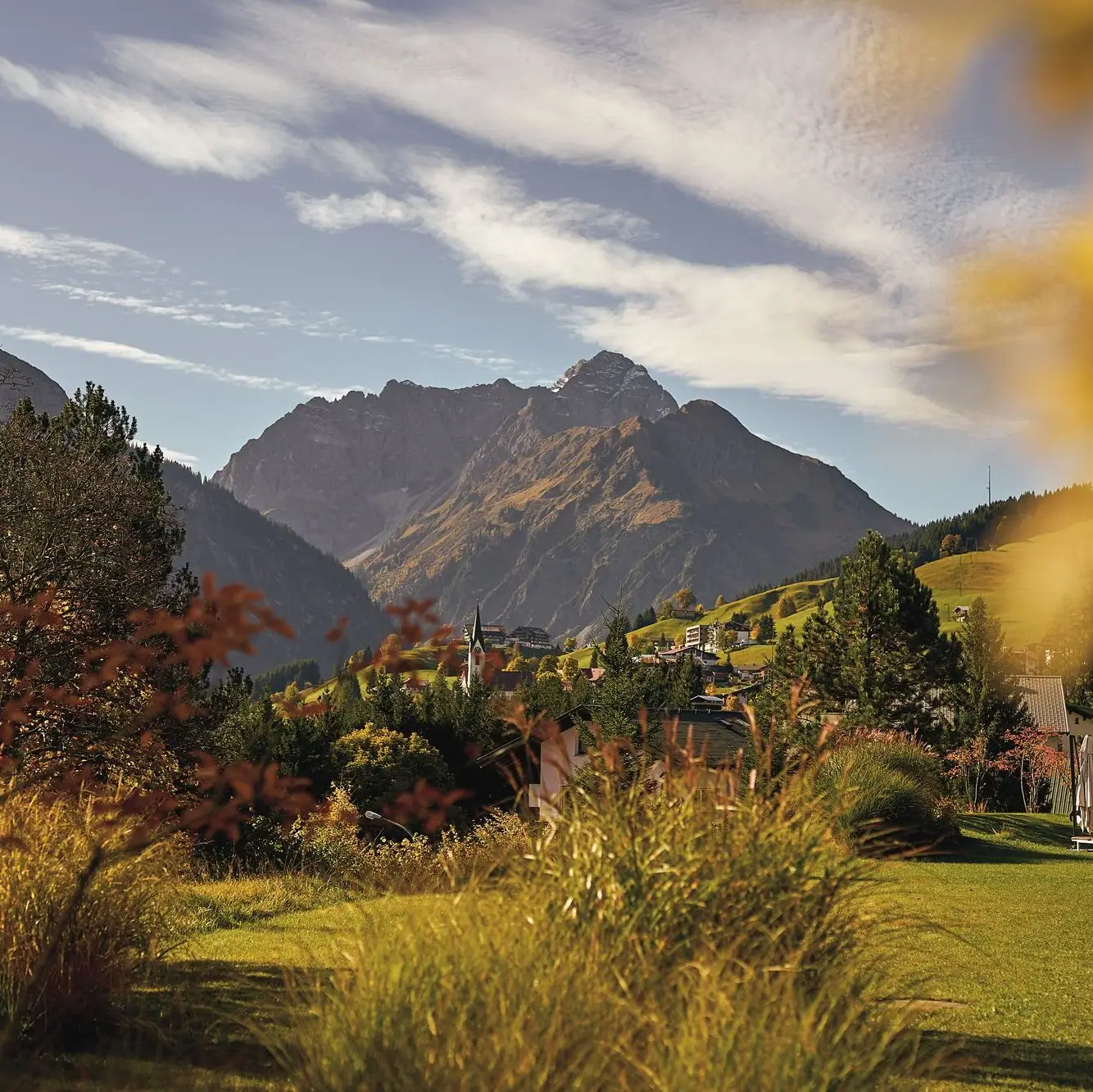 Herbstliche Landschaft mit Berg im Hintergrund, umgeben von Gras und vereinzelten Bäumen unter einem bewölkten Himmel.