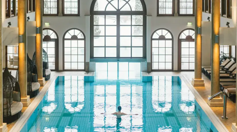 A woman is swimming in a pool that is surrounded by lid up columns and lounge seats. Big windows fill the SPA with daylight and a big door connects the pool with the outdoor area. 