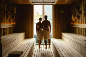 A man and a woman are standing in a sauna.