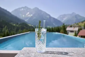 A glass of water with a plant in it.