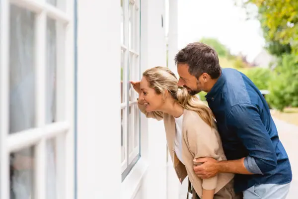 A man and a woman are looking out of a window.