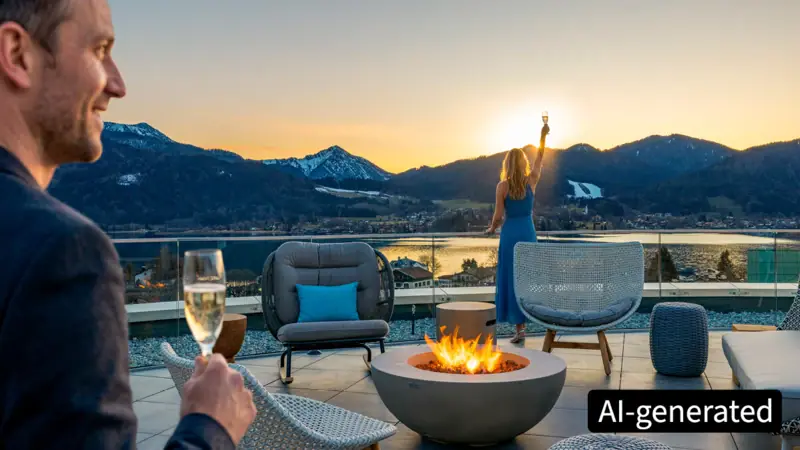 Eine Frau hält ein Glas Champagner vor einer Feuerstelle.