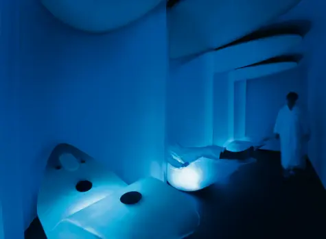 Person lying on a bed in a room illuminated with blue lighting.