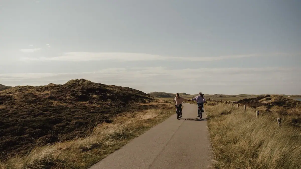 Fahrradtour zwischen Dünen Zwei Personen fahren auf einem Weg mit Fahrrädern.