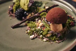 A plate with a dish of mushrooms and berries.