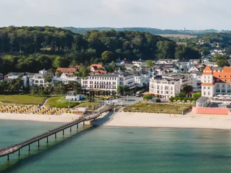 Bridge over a body of water with surrounding buildings and trees.