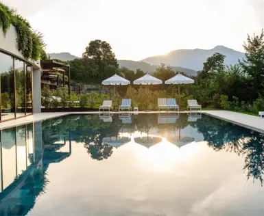 Outdoor swimming pool surrounded by chairs and parasols with trees and a clear sky with the setting sun in the background.