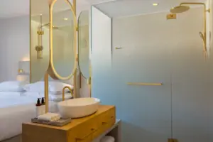 open bathroom Bathroom with washbasin and shower