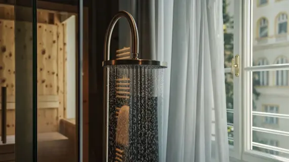 In the middle of the picture there is a shower head from which water flows, on the left side a sauna can be seen in the background and on the right side there is a window with a white curtain.