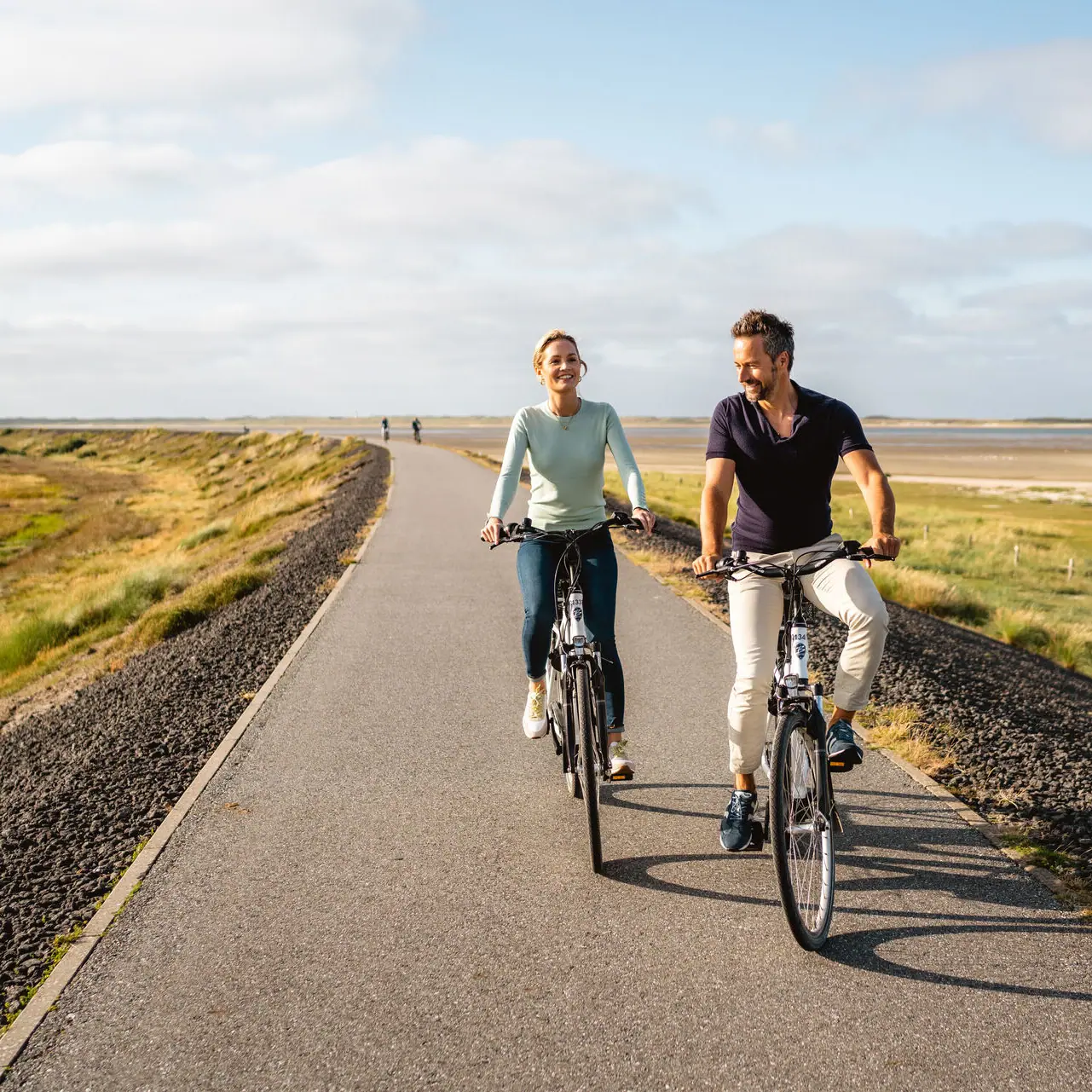 A man and a woman are cycling along the Sylt dyke.
