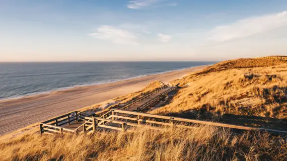 A dune landscape bathed in warm colors through which a wooden path leads. The adjacent beach and the Baltic Sea are also bathed in warm, calm colors by the sun. 