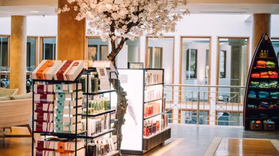 The inside of a SPA shop with shelfs of multiple different cosmetic products and a face tree with white flowers in a warm lit room. 