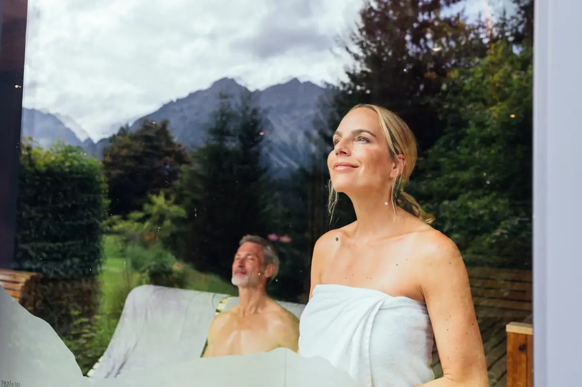 A woman in the sauna at the A-ROSA Ifen Hotel Kleinwalsertal.