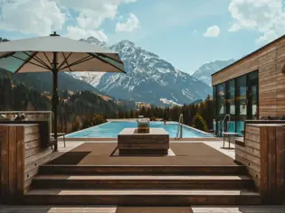 Swimming pool with sunbathing deck and parasols against a mountain backdrop.