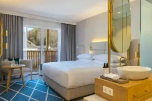 Sleeping area with open-plan bathroom Bedroom with large bed and mirror.