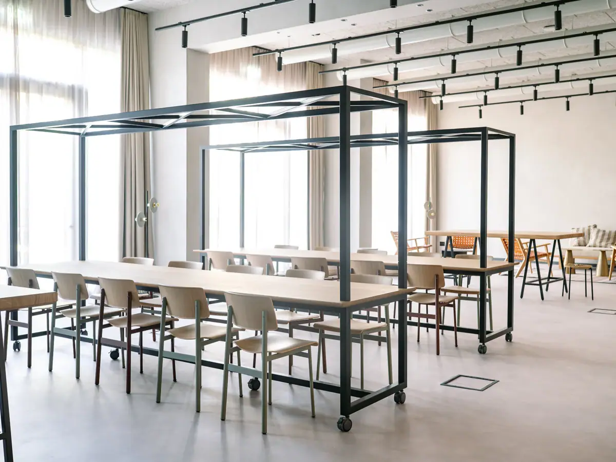 Creavista im A-ROSA Gardasee Ein Workshop-Raum mit Tischen und Stühlen.