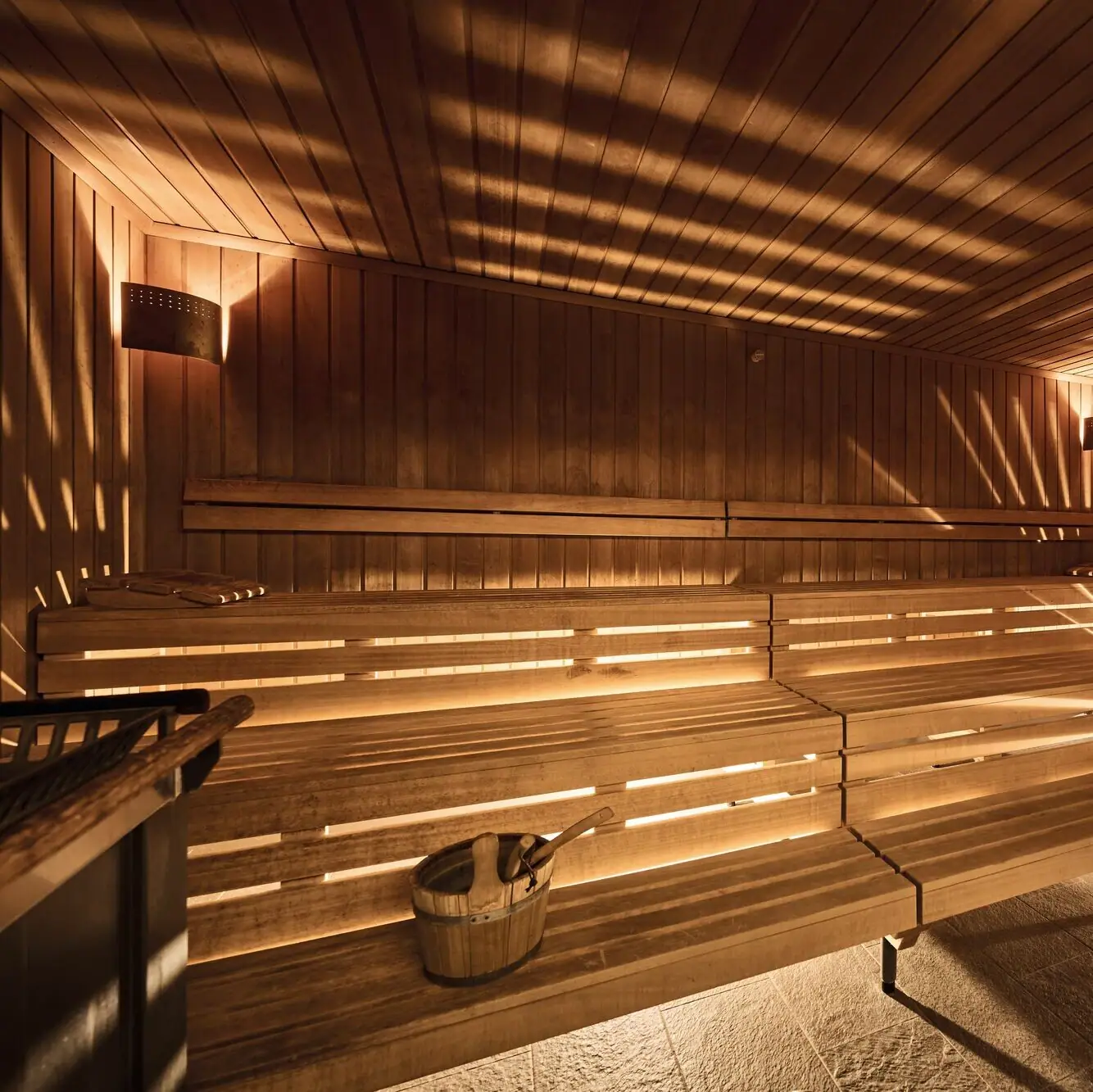 Wooden sauna with ambient lighting