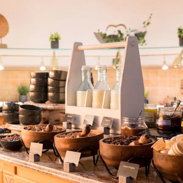 A counter with bowls full of food and bottles