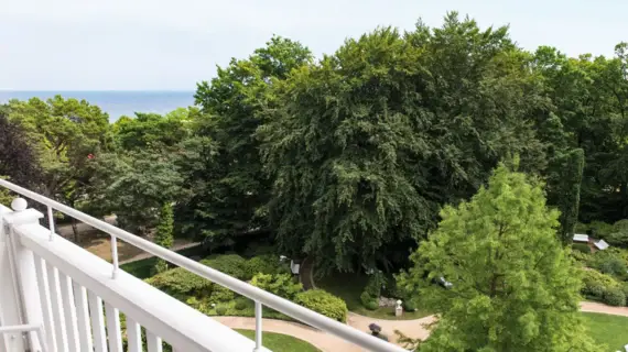 White railing along a path with trees.