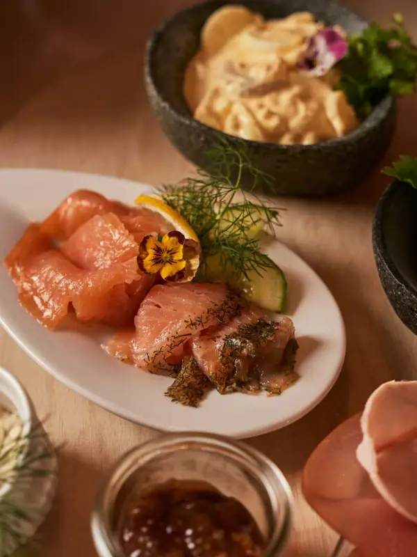 A plate of gourmet food on a table.
