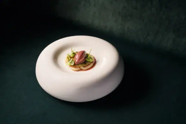 White plate with artfully arranged food.