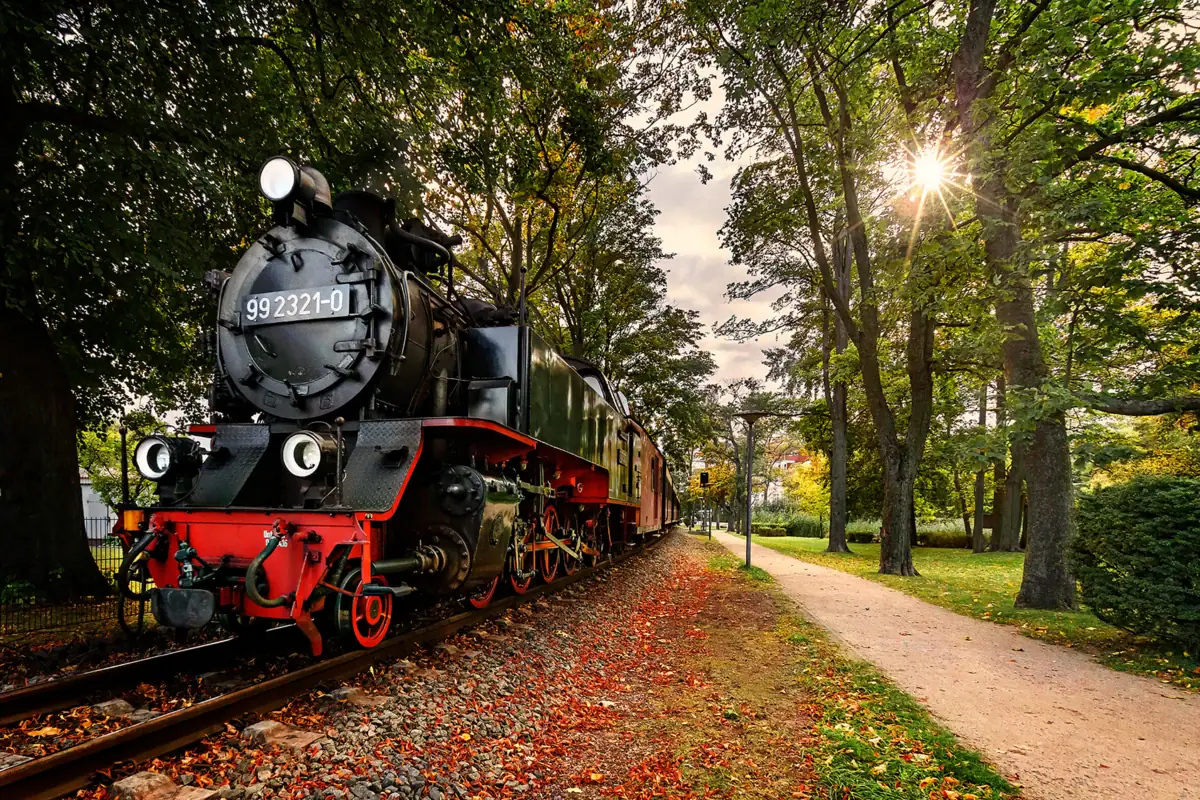 Ein Zug auf den Gleisen mit Dampfwolken im Freien.