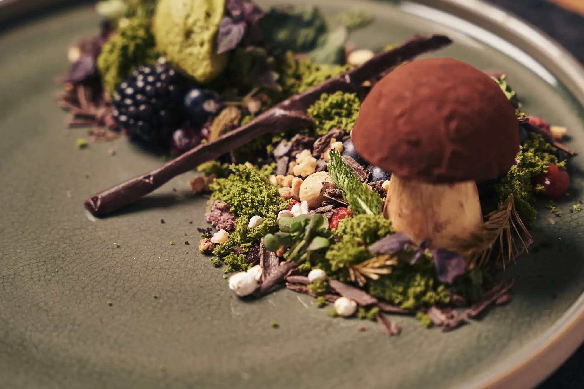 A plate with a dish of mushrooms and berries.