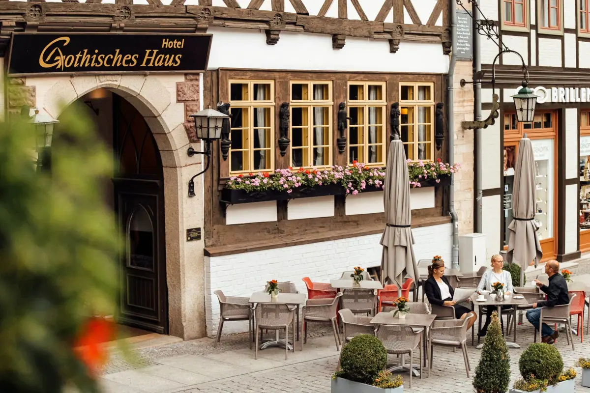 Exterior view, showing the terrace, of the A-ROSA Gothisches Haus in Wernigerode.