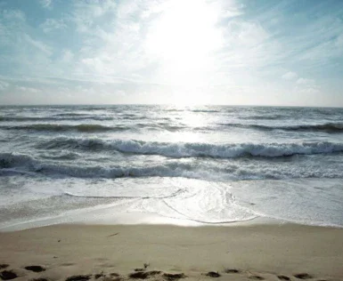 The beach merges into the wave-covered sea. The sun shines brightly on the sea and the beach.