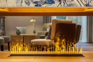 There’s a fire burning in the fireplace.