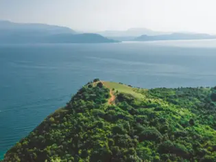 Green hill with trees beside a body of water.