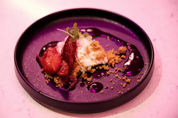 A plate of dessert, garnished with fruit and crumble.