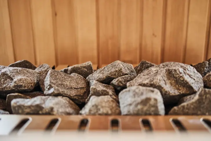 A pile of stones in a sauna.