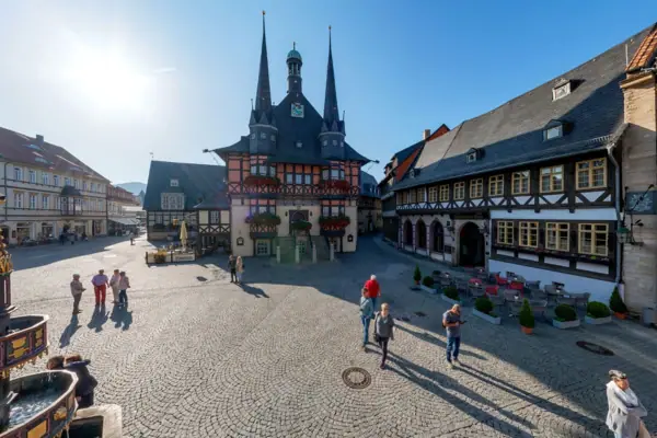 The town hall and the market square in Wernigerode in the sunshine.