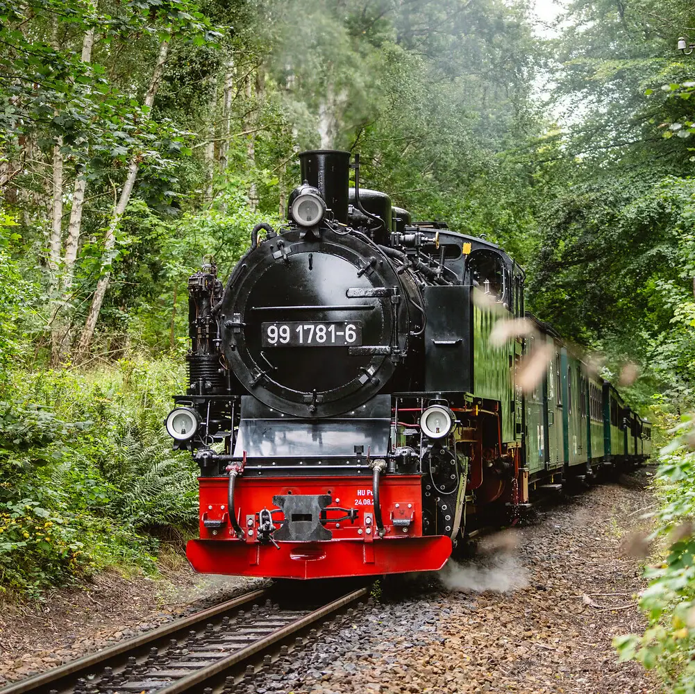 Train on the tracks with a steam engine in an outdoor setting.