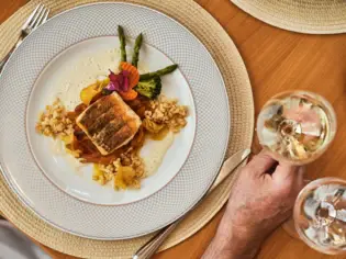 A plate of food and a hand holding a glass of wine.