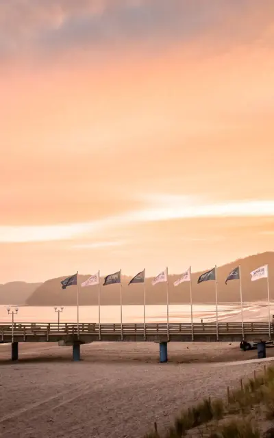 Bridge adorned with flags under a cloudy evening sky.