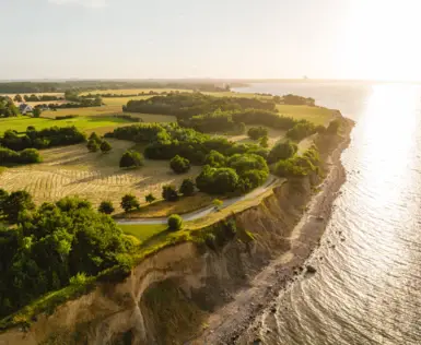 The Brodtener Steilufer photographed from above with green trees and fields above and the sea below.