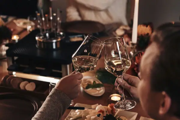 A couple clinking wine glasses indoors.