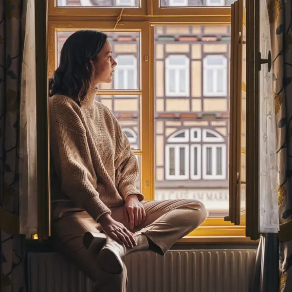 Woman sits on a windowsill and looks outside.