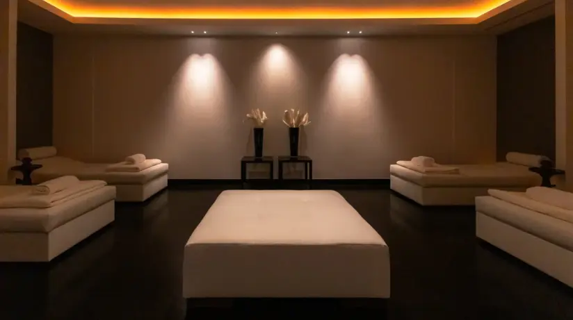 In a relaxation room with a dark floor, the light is dimmed and there are several white lounge beds.