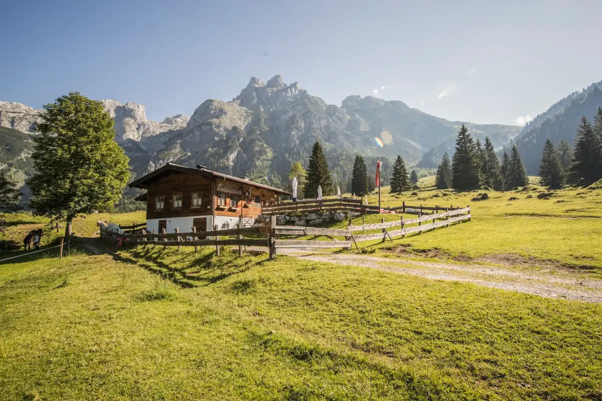 Ein Haus in einem Feld mit Bäumen und Bergen im Hintergrund.