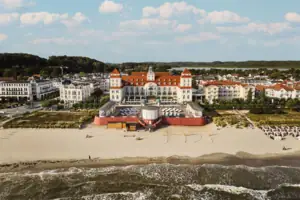 A large building on the beach.