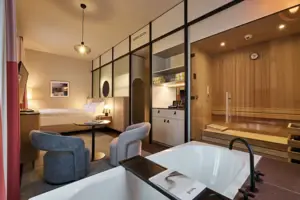 A room with a bath, a sauna and a bed.