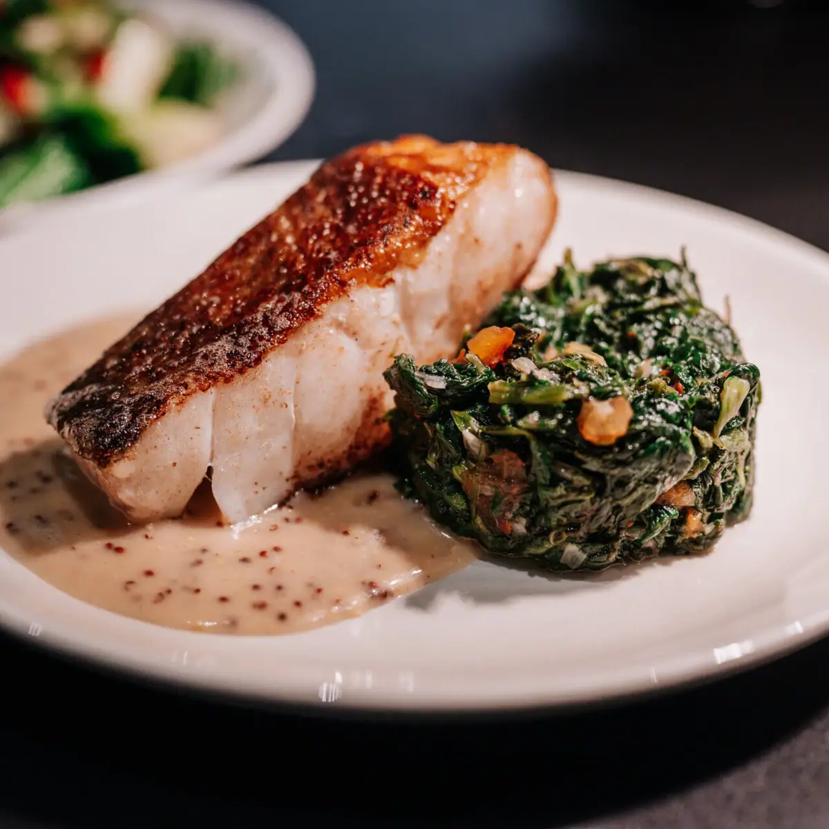 A plate with artfully arranged food on a table.